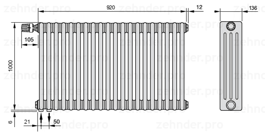 Схема (чертеж) Радиатор Zehnder Charleston 4100/20 №V001 Белый глянцевый RAL 9016